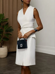 White V Neck Sleeveless Rhinestone A-Line Midi Dress