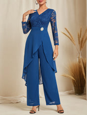 Women Blue Lace V Neck Three Quarter Sleeve Mother of the Bride or Groom Top With Pants Two-Piece Set
