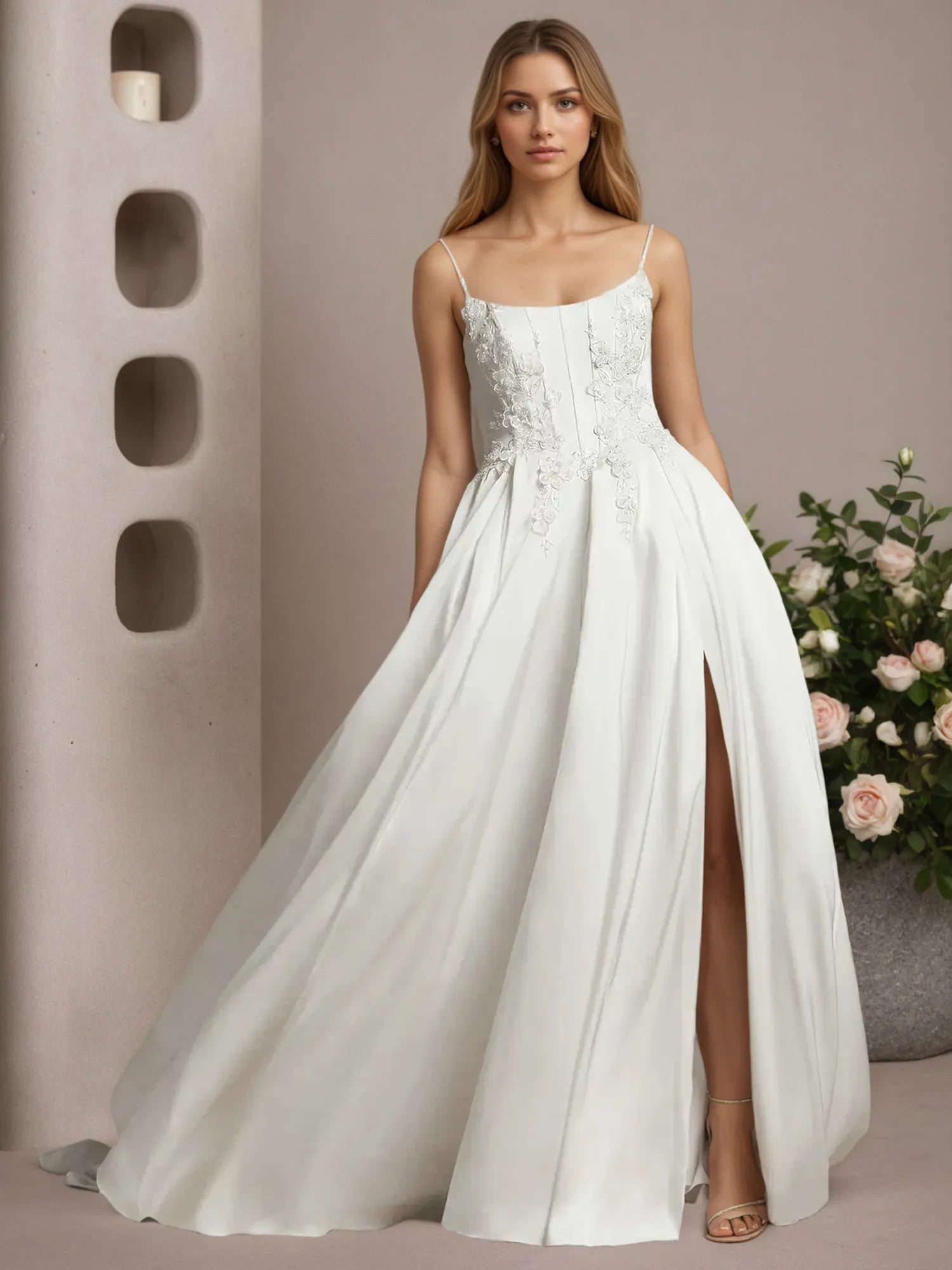 White A-Line Lace Stretch Satin Wedding Dress