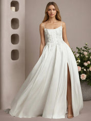 White A-Line Lace Stretch Satin Wedding Dress
