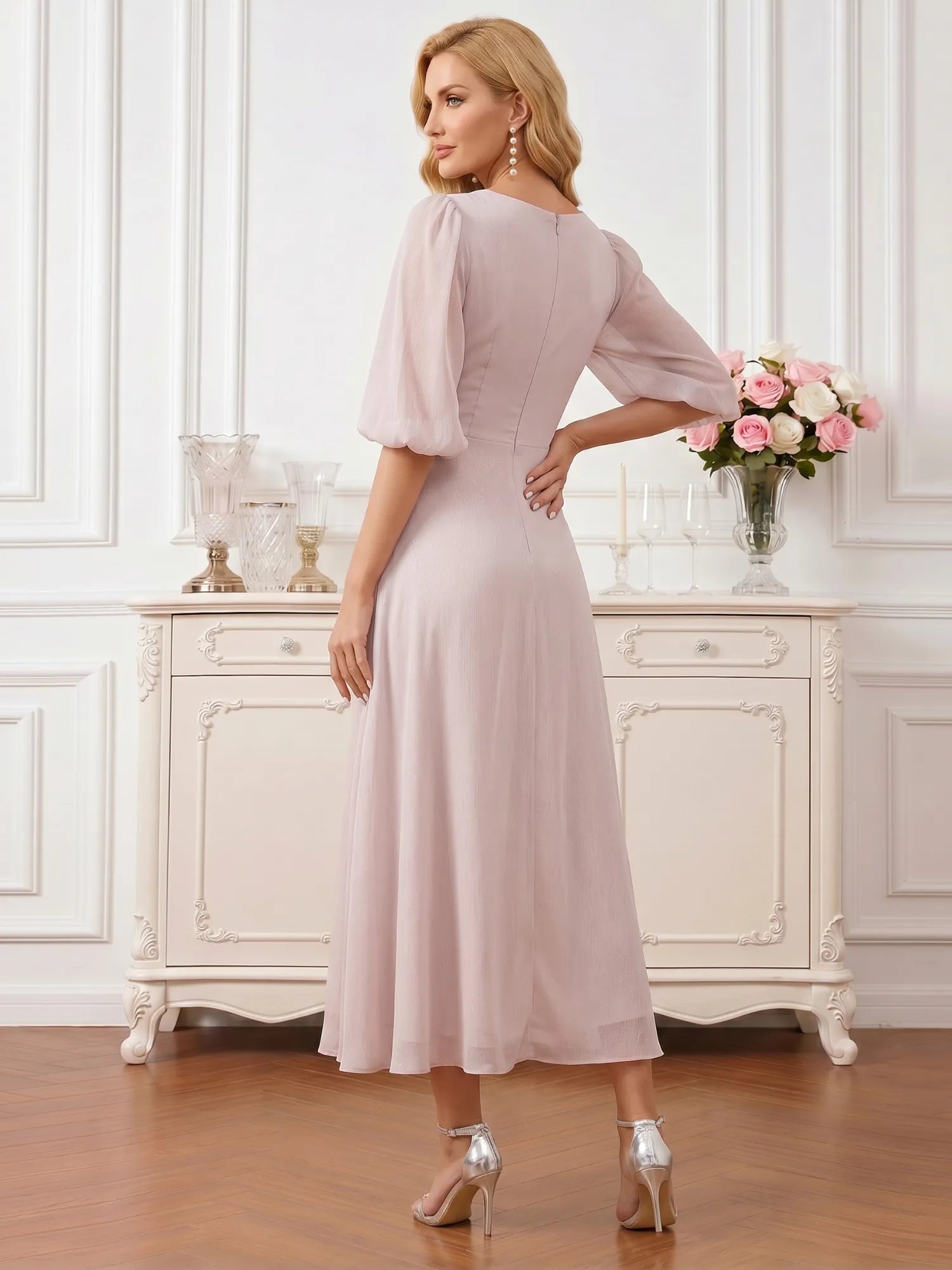 V-Neck Puff Sleeve Chiffon Midi Mother of the Bride Dress with Twisted Waist and Cascading Ruffles