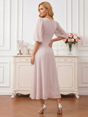 V-Neck Puff Sleeve Chiffon Midi Mother of the Bride Dress with Twisted Waist and Cascading Ruffles