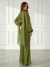 Green Long Sleeves Mermaid Chiffon Maxi Dress with Belt