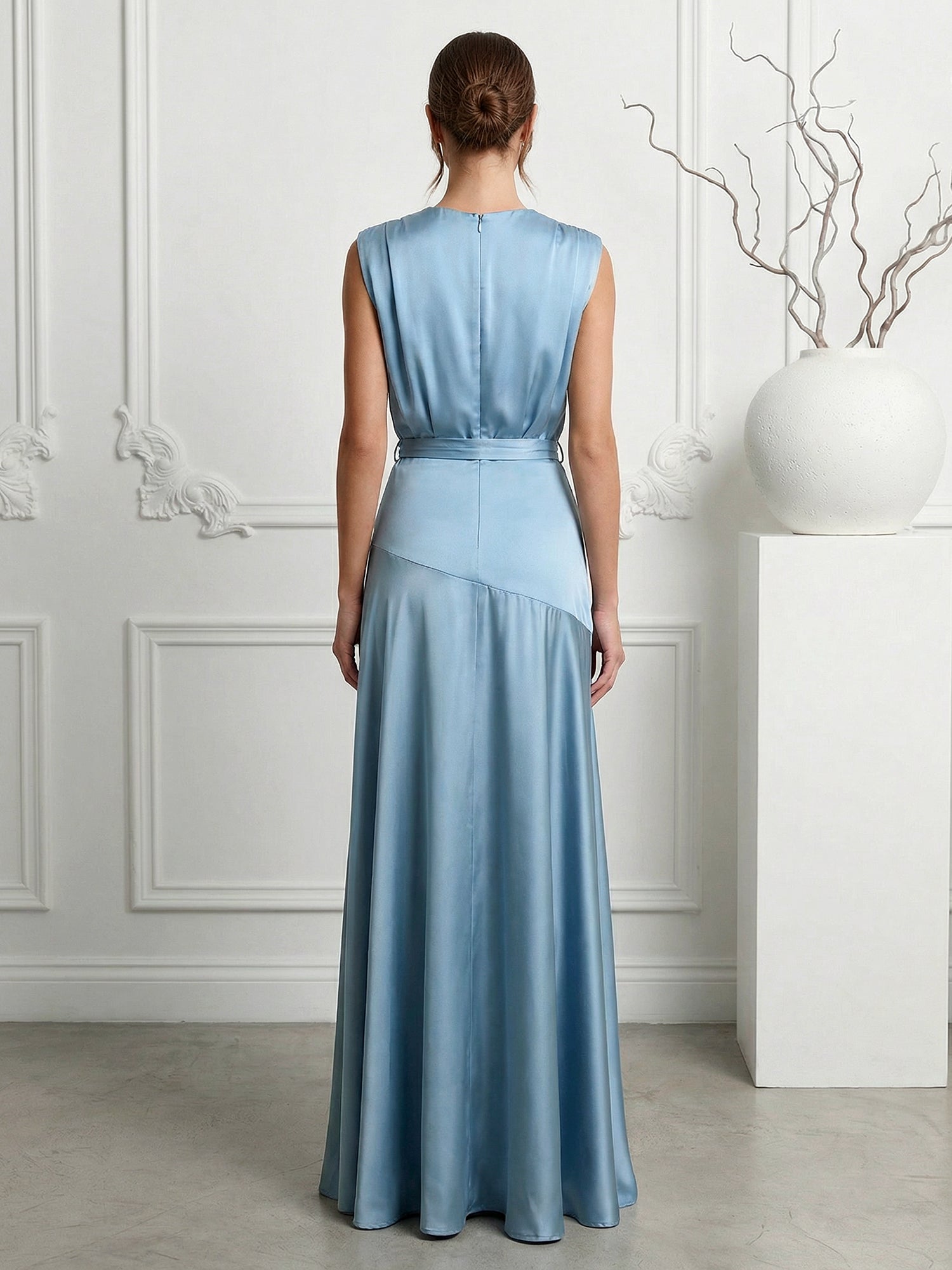 Blue Regular Straps Satin A Line Maxi Dress with Slit