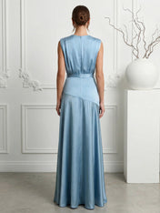 Blue Regular Straps Satin A Line Maxi Dress with Slit