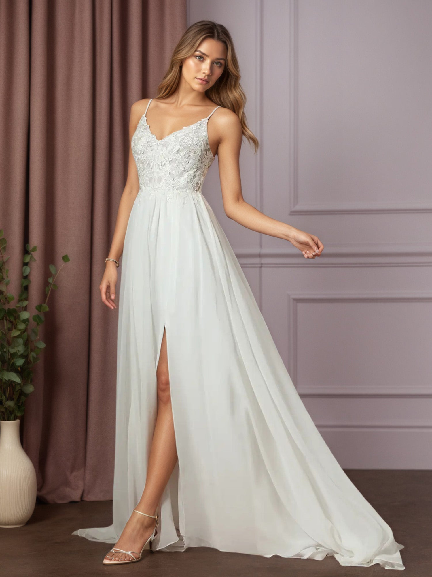 White A-Line Lace Chiffon Wedding Dress
