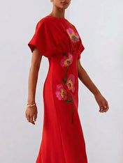 Red 3D Floral Appliqué Boat Neck Short Sleeve Backless Sheath Maxi Dress
