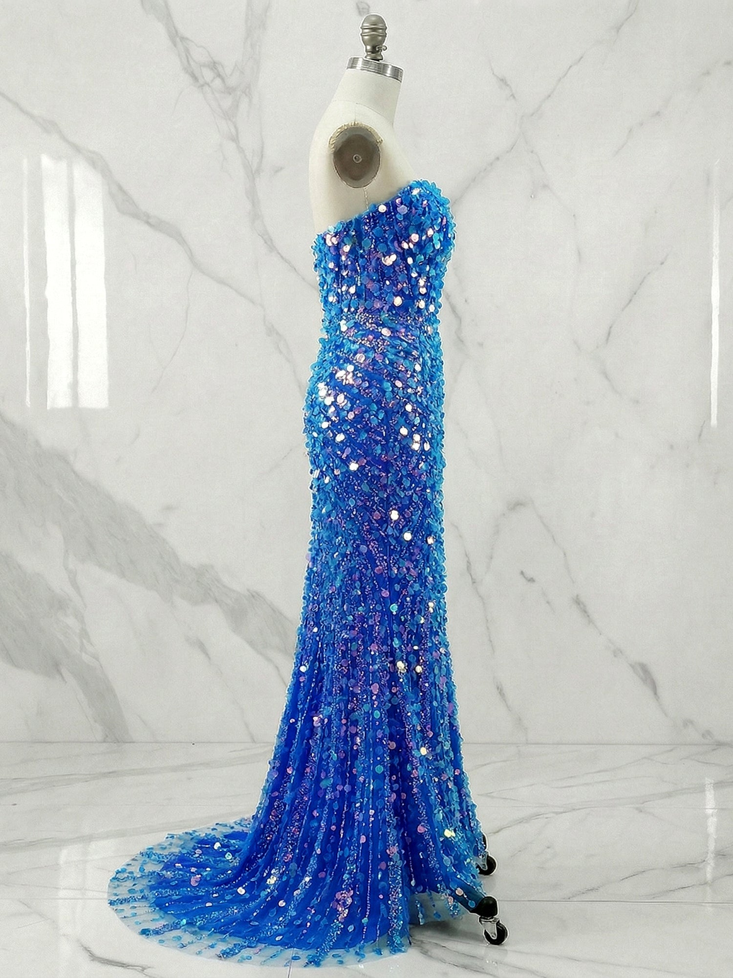 Blue Sweetheart Mermaid Sequins Long Prom Dress with Slit