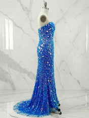 Blue Sweetheart Mermaid Sequins Long Prom Dress with Slit