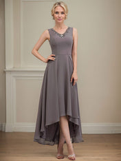 A-line V-Neck Asymmetrical Chiffon Mother of the Bride Dress With Beading Sequins
