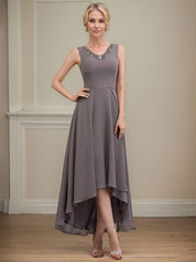 A-line V-Neck Asymmetrical Chiffon Mother of the Bride Dress With Beading Sequins