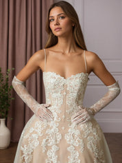 White Champagne Ball-Gown Strapless Lace Wedding Dress