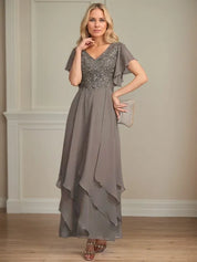 A Line V Neck Short Sleeve Chiffon Mother of the Bride Dress With Ruffles