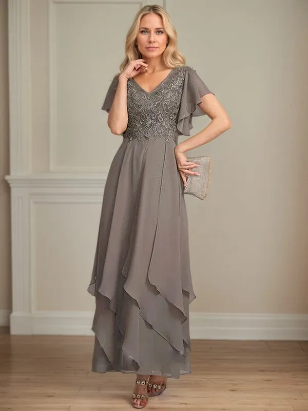 A Line V Neck Short Sleeve Chiffon Mother of the Bride Dress With Ruffles