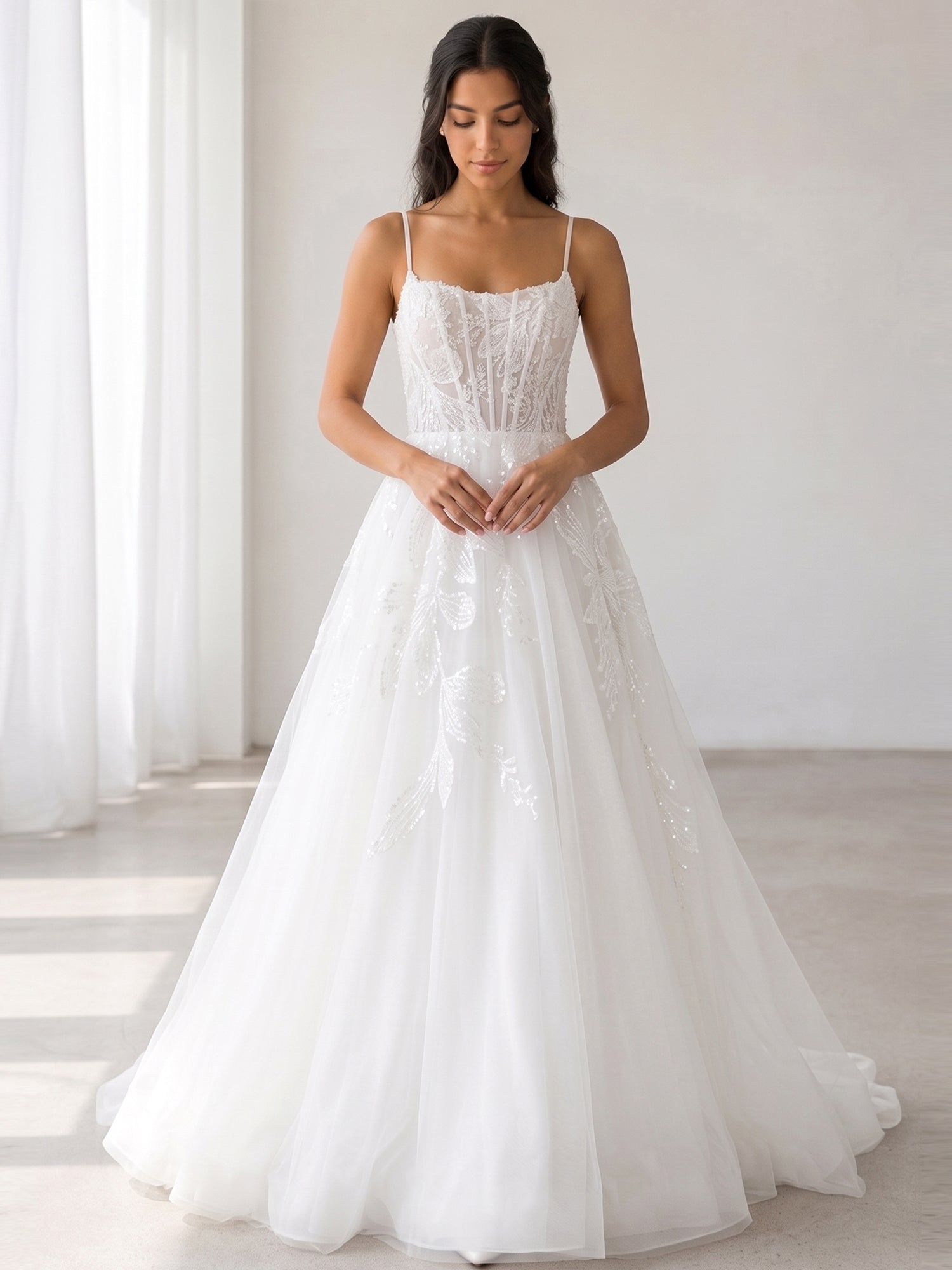 Elegant Spaghetti-Strap White Tulle A-Line Wedding Dresses with Corset and Chapel Train