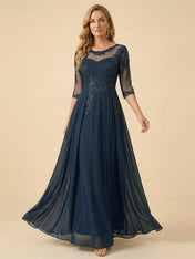 A-Line Scoop Neck 3/4 Sleeve Chiffon Mother of the Bride Gown
