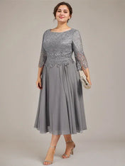 A-line Scoop Tea-Length Lace Chiffon Mother of the Bride Dress