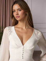 White A-Line V-Neck Lace Chiffon Pleated Wedding Dress