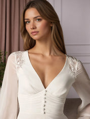 White A-Line V-Neck Lace Chiffon Pleated Wedding Dress