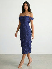 3D Floral Appliqué Off-Shoulder Midi Dress