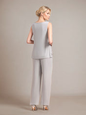Elegant Sleeveless Appliques Silver Chiffon Mother of Bride Jumpsuit with Wrap