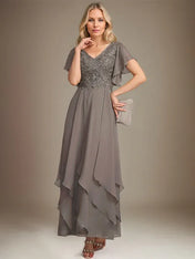 A-line V-Neck Ankle-Length Lace Chiffon Mother of the Bride Dress With Cascading Ruffles