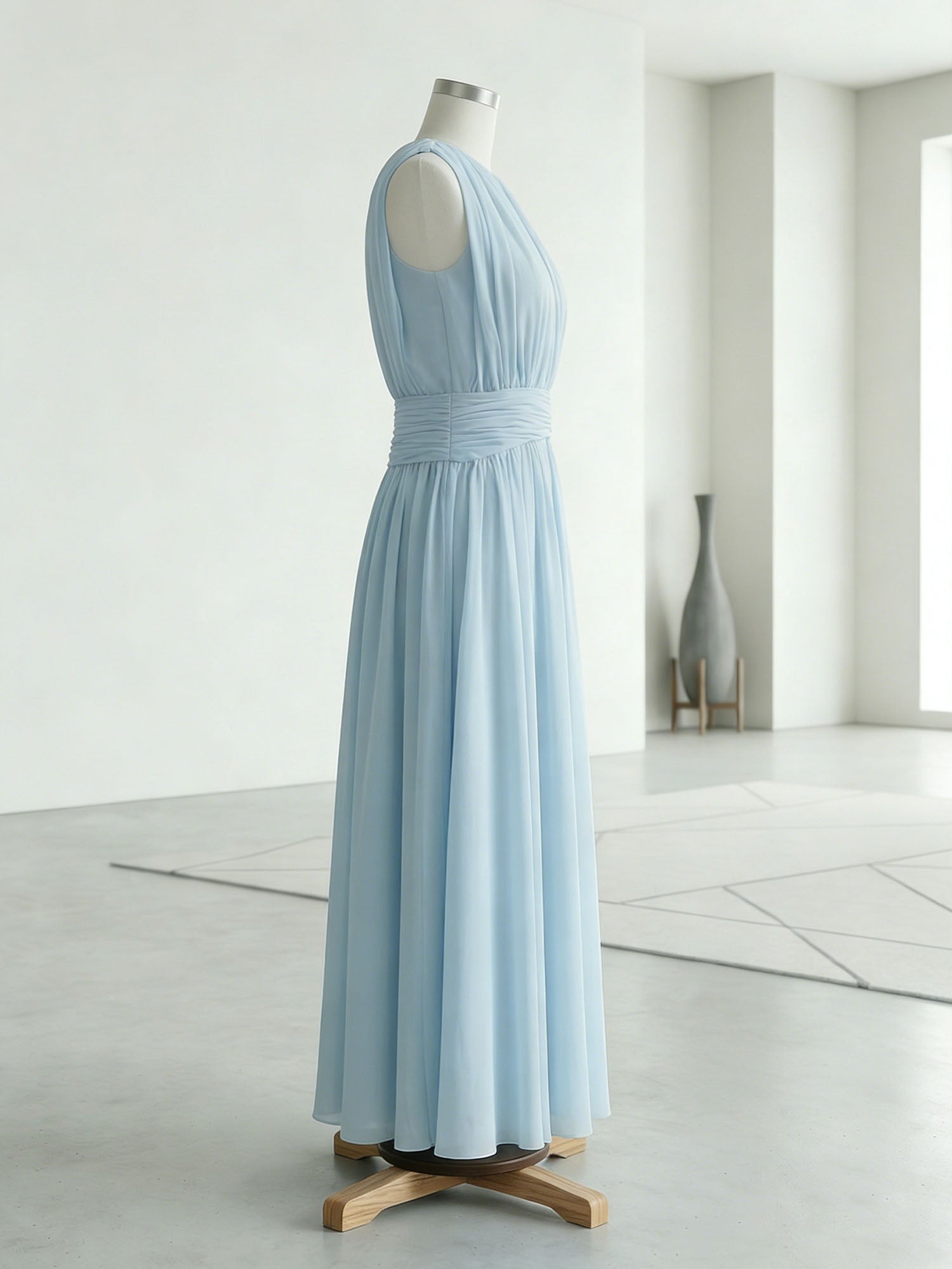 Ethereal Formal Evening Dress Ice Blue Pleated Chiffon Maxi Gown