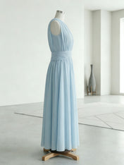 Ethereal Formal Evening Dress Ice Blue Pleated Chiffon Maxi Gown