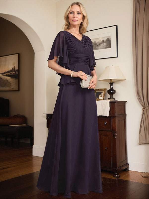 A-line V-Neck Floor-Length Chiffon Mother of the Bride Dress With Pleated Beading