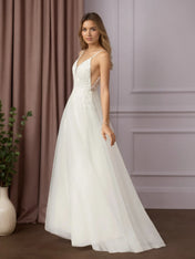 White A-Line V-Neck Sequins Sleeveless Tulle Sleeveless Dress
