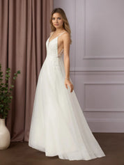 White A-Line V-Neck Sequins Sleeveless Tulle Sleeveless Dress