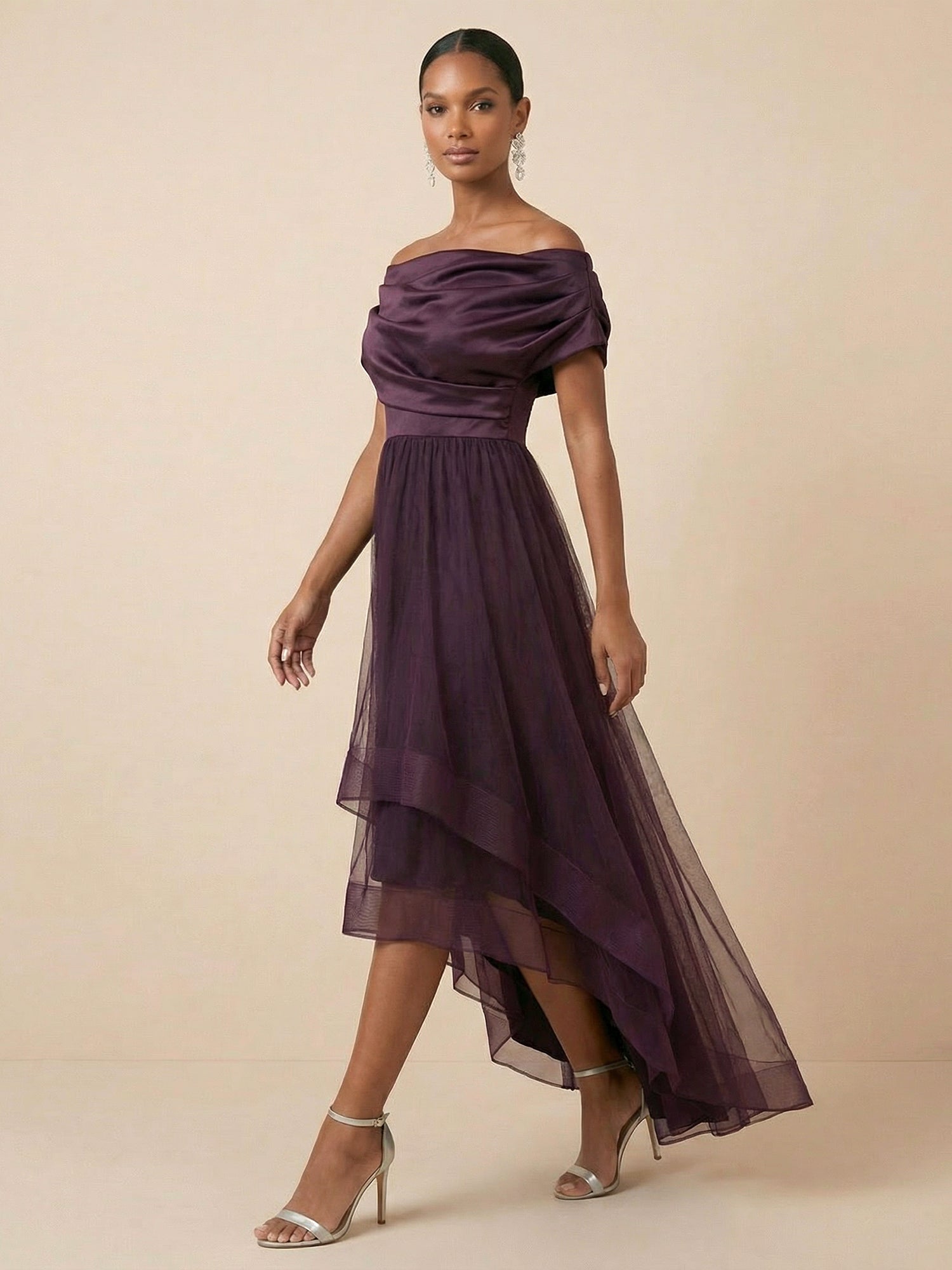 Plum Tulle Off-Shoulder Evening Dress with High-Low Hemline