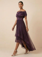 Plum Tulle Off-Shoulder Evening Dress with High-Low Hemline