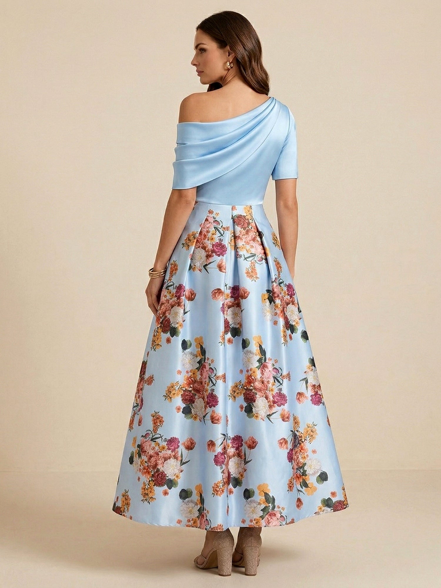 One Shoulder Floral Print Satin Mother of the Bride Dress with Pockets