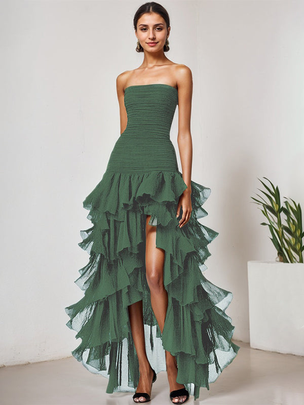 Chic Dark Green Strapless Tulle Tiered Long Formal Dress