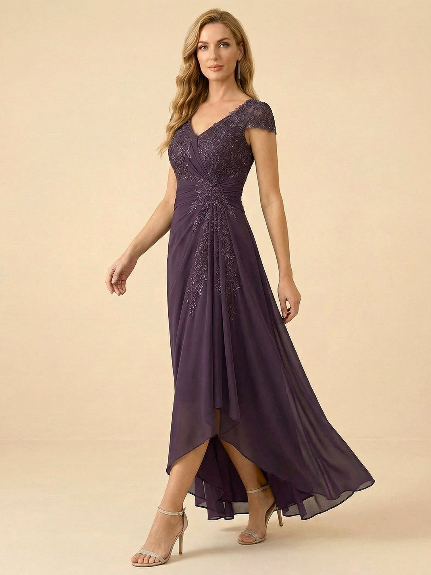 Purple V-Neck High-Low Mother of the Bride Dress with Appliques