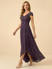 Purple V-Neck High-Low Mother of the Bride Dress with Appliques