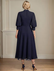 A-line High Neck Tea-Length Lace Chiffon Mother of the Bride Dress With Bow