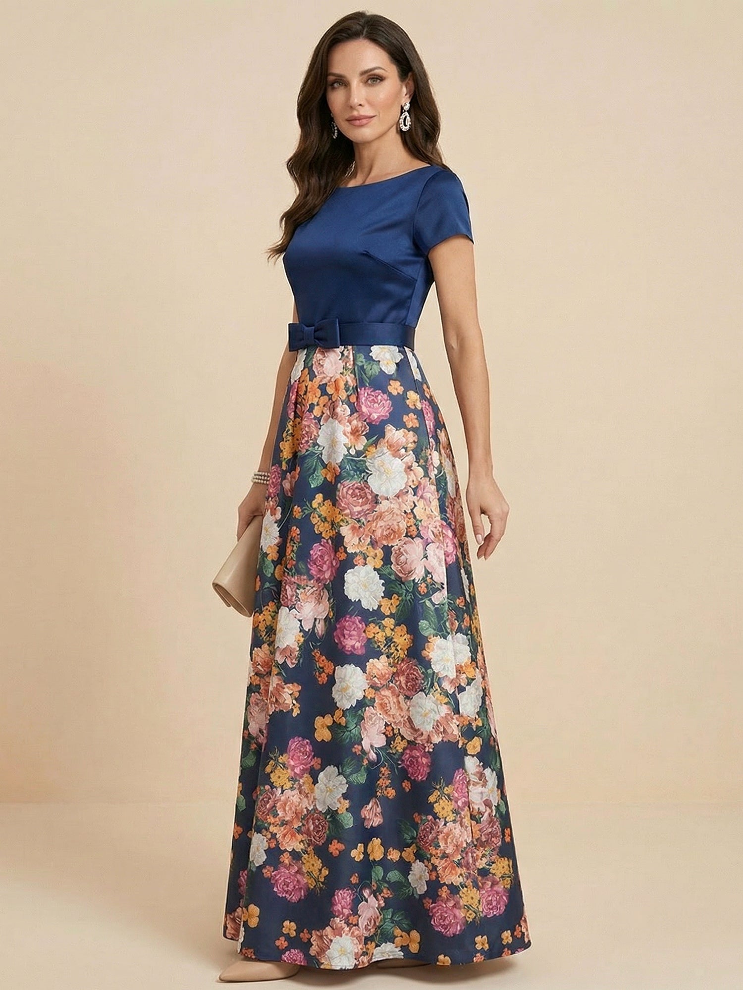 Navy Blue Short Sleeves Satin Two-piece Print Floral Mother of the Brides dress with Bow