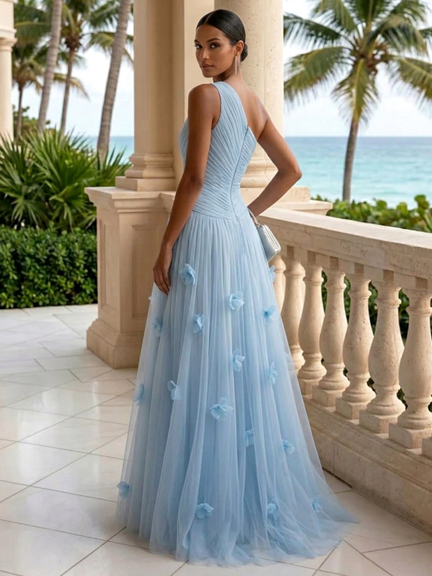 Light Blue Evening Dress with 3D Flower One Shoulder Pleat Maxi Dress