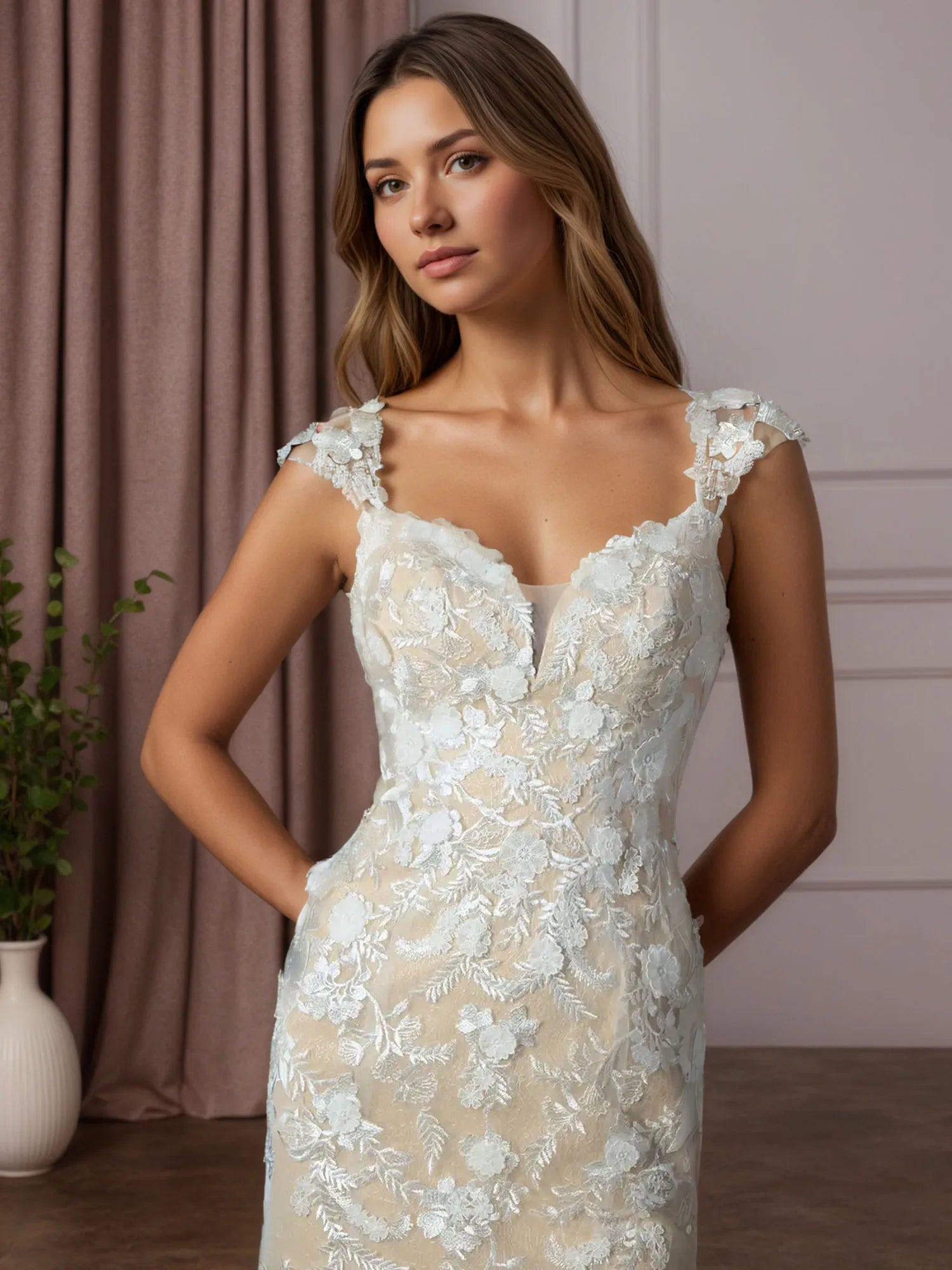 White Champagne Mermaid Sweetheart Sequins Tulle Wedding Dress