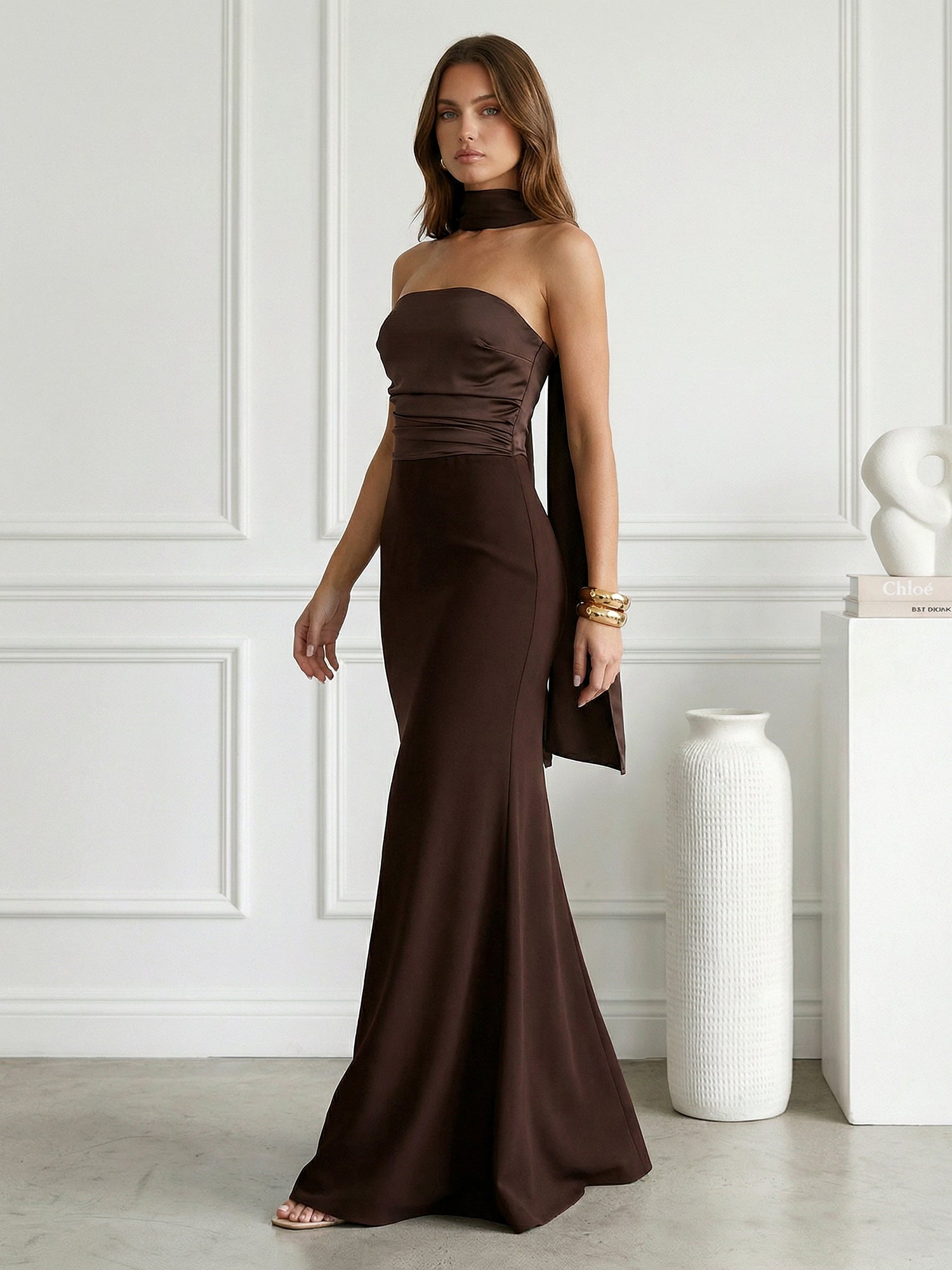 Brown Strapless Satin Mermaid Maxi Dress with Bow