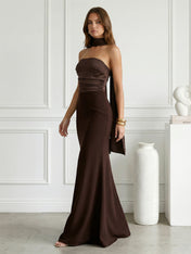 Brown Strapless Satin Mermaid Maxi Dress with Bow