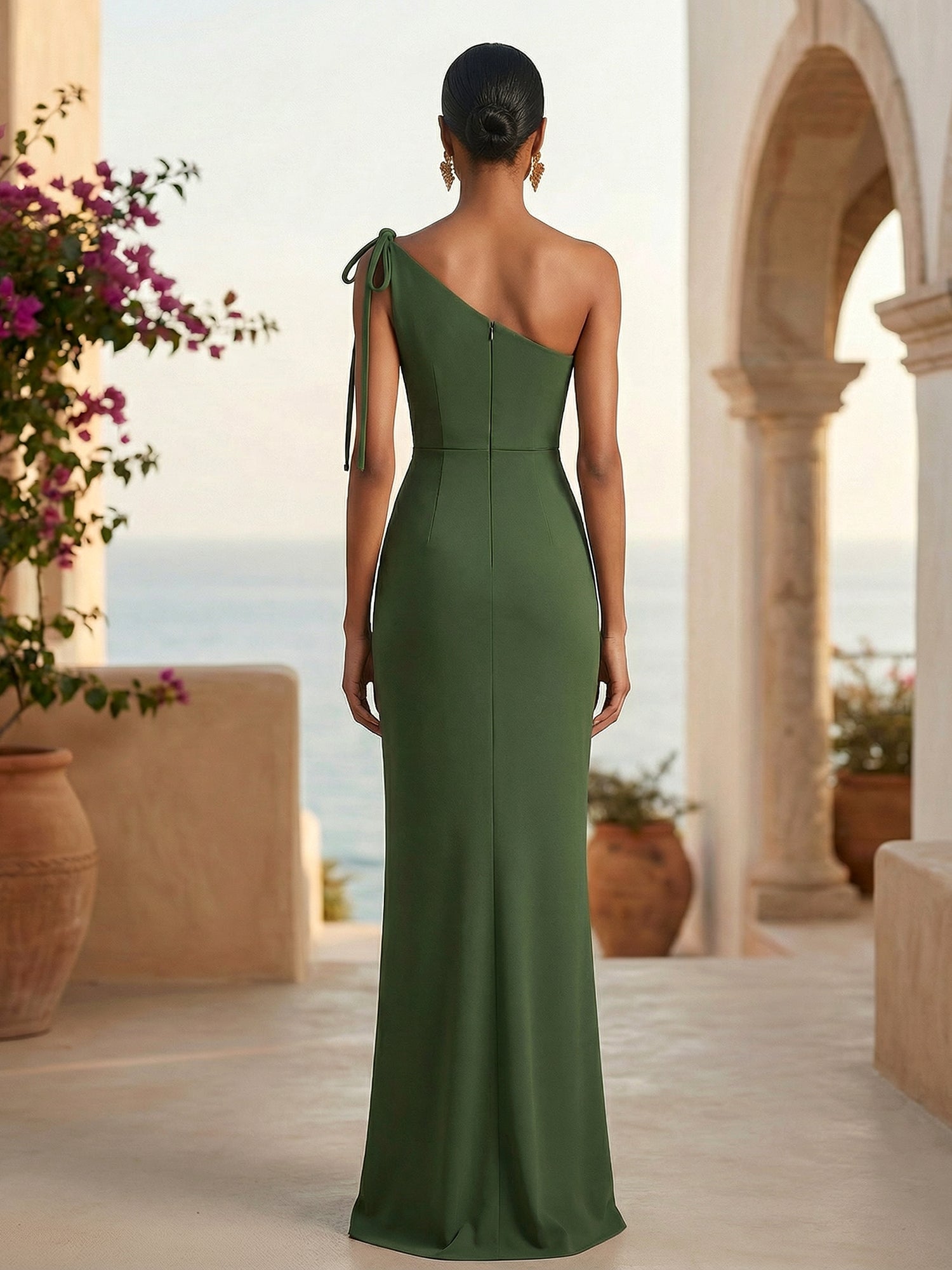 Green One Shoulder Maxi Dresses Mermaid Evening Dress