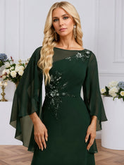 A-line Boat Neck Illusion Floor-Length Chiffon Evening Dress With Sequins Appliques Lace Pleated