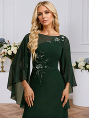 A-line Boat Neck Illusion Floor-Length Chiffon Evening Dress With Sequins Appliques Lace Pleated