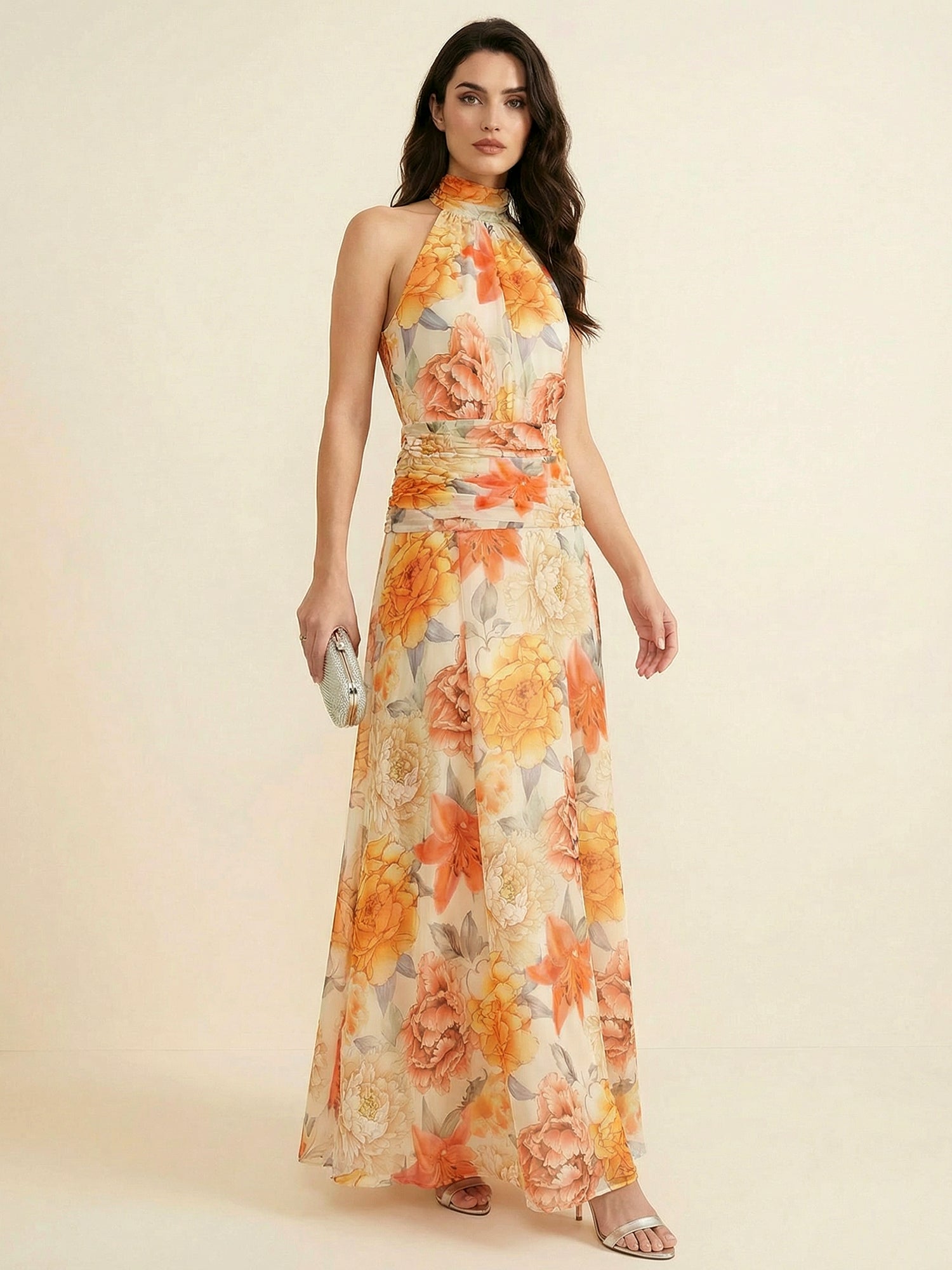 Vibrant Halter High-Neck Floral Ruched Chiffon Maxi Dress