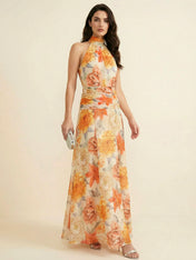 Vibrant Halter High-Neck Floral Ruched Chiffon Maxi Dress