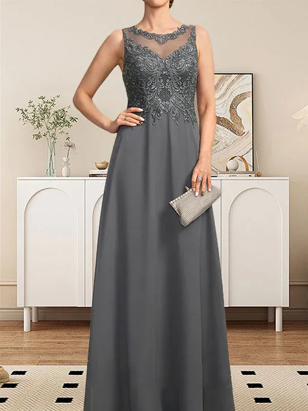 Robe de mère de la mariée trapèze en mousseline de soie et dentelle, longueur au sol, avec décolleté en V et paillettes 