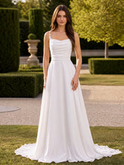 Elegant Cowl Neck Satin A-Line Wedding Dress with Spaghetti Straps and Sweep Train